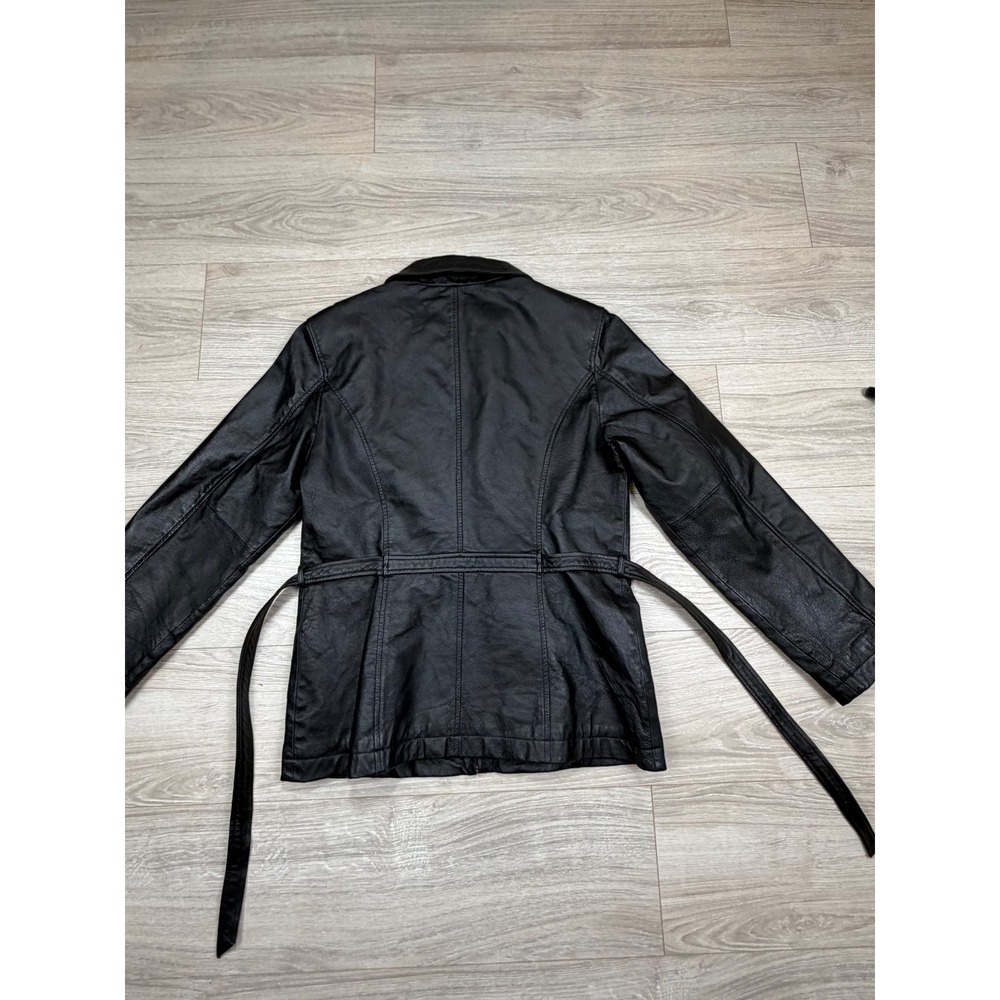 Jacqueline Ferrar Black Leather Belted Zip Up Jacket Sz Small Collared Moto Coat - Picture 9 of 9